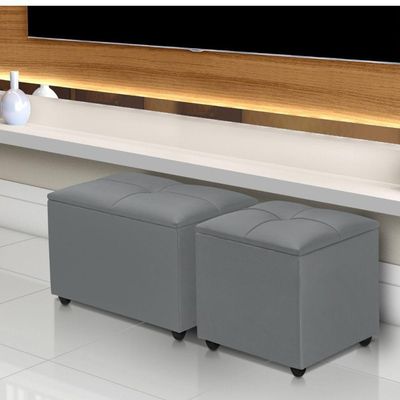 Puff Baú 60cm Porta Treco Madeira Veludo Estofado Premium Cor cinza