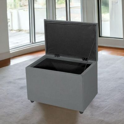 Puff Baú 60cm Porta Treco Madeira Veludo Estofado Premium Cor cinza