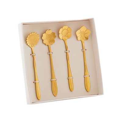 Conjunto 4 Colheres Chá Flores Aço Inox Dourado