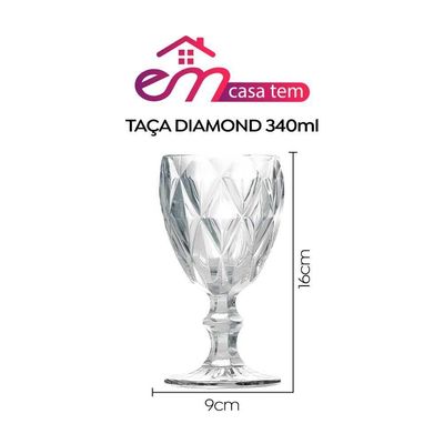 Kit 12 Taças De Vidro Para água Diamante Transparente Emcasatem 340ml