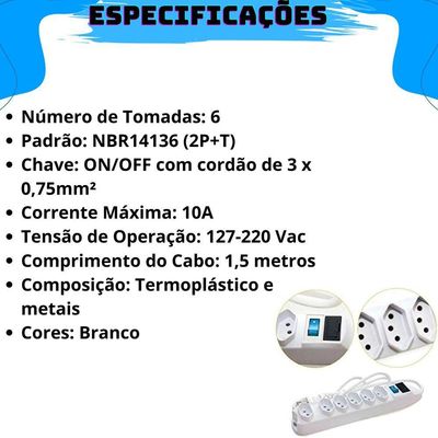 Extensão Elétrica Régua Padrão Tripolar 6 Tomadas 10a Cabo 1,5 Metros Bivolt (110-220v) Com Fusível De Proteção