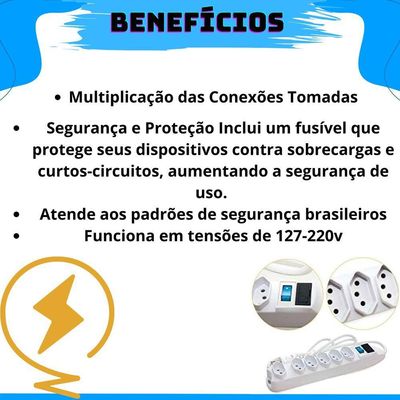 Extensão Elétrica Régua Padrão Tripolar 6 Tomadas 10a Cabo 1,5 Metros Bivolt (110-220v) Com Fusível De Proteção