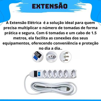 Extensão Elétrica Régua Padrão Tripolar 6 Tomadas 10a Cabo 1,5 Metros Bivolt (110-220v) Com Fusível De Proteção