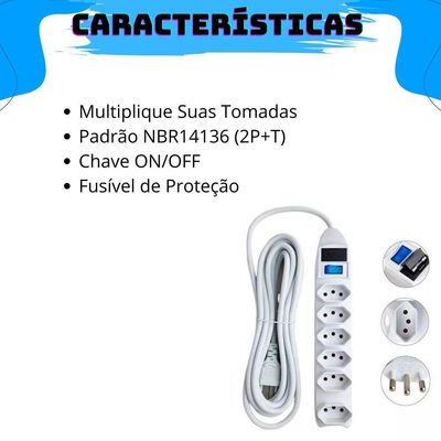 Extensão Elétrica Régua Padrão Tripolar 6 Tomadas 10a Cabo 1,5 Metros Bivolt (110-220v) Com Fusível De Proteção