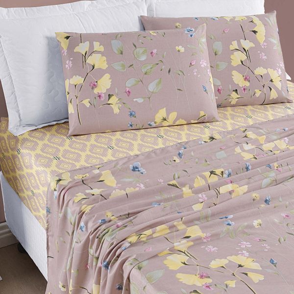 Jogo de Cama Lençol Casal Queen 04 Peças Microfibra Estampada Ayla - Lavanda Floral