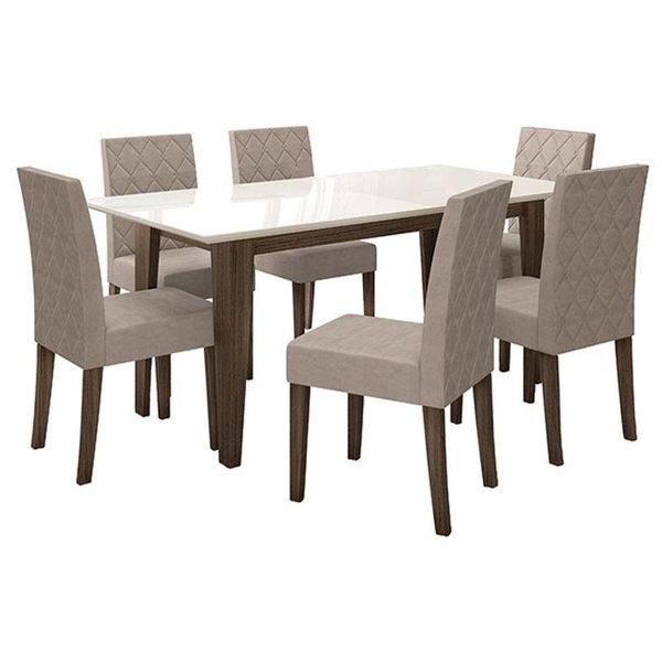 Mesa De Jantar 160cm Liz Com Vidro Amêndoa Off White Com 6 Cadeiras Jade Bordada Amêndoa Cappuccino - Poliman