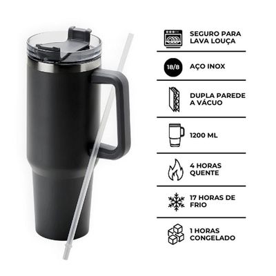 Copo Térmico Grande 1200 Ml Canudo Parede Dupla Cor Preto
