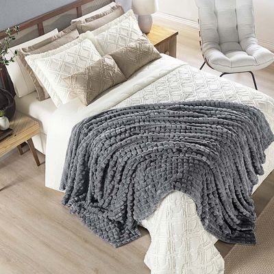Coordenado Cobre Leito e Cobertor Tok Max Queen Ultrasoft Alto Relevo Dupla Face - Cinza