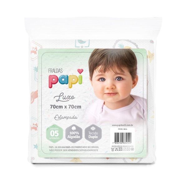 Fralda Bebê Papi Luxo Estampa Neutro 70 x 70Cm Com 05 Pçs