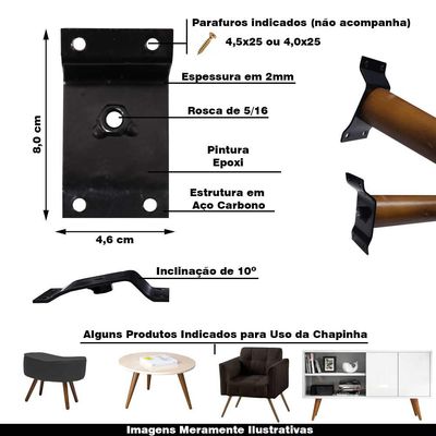 Chapinha Chapa Inclinada 10º Fixação Pés Palito Rosca 5/16 Preto G59