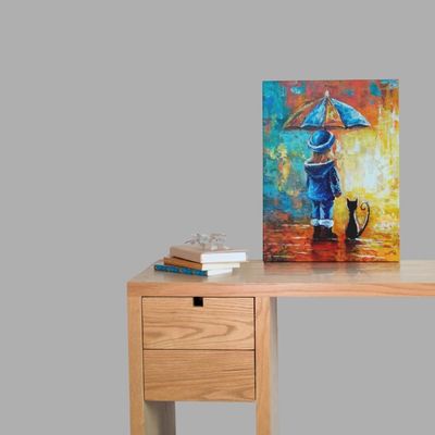Quadro Decorativo Abstrato - Criança Com Guarda-chuva E Gato