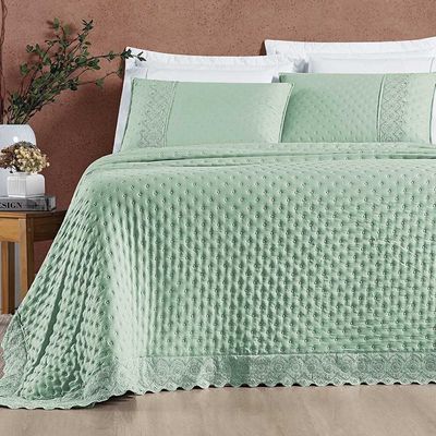 Kit Cobre Leito Colcha Nobre Casal King 3 Peças Micropercal 200 Fios Matelado - Verde Salvia