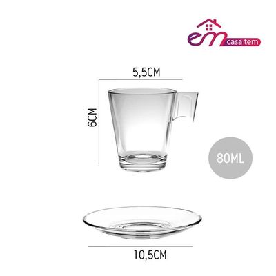 Jogo 8 Xícaras De Café De Vidro Com Pires Transparente Em Casa Tem 80ml