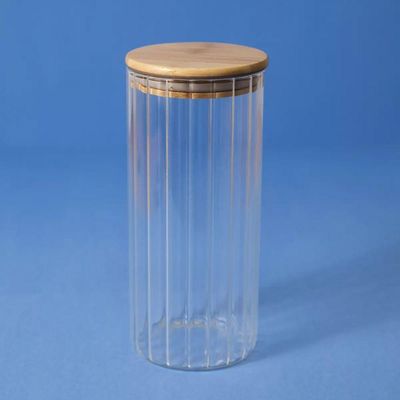 Pote 1100ml De Vidro Canelado Com Tampa De Bambu -oikos