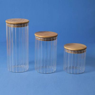 Pote 1100ml De Vidro Canelado Com Tampa De Bambu -oikos
