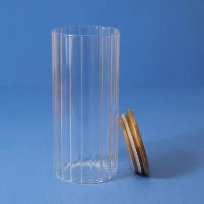 Pote 1100ml De Vidro Canelado Com Tampa De Bambu -oikos