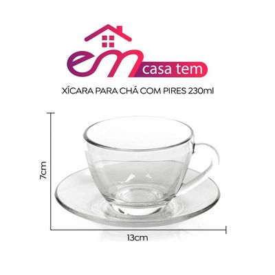 Kit 10 Xícaras De Chá Vidro Com Pires Em Casa Tem 230ml