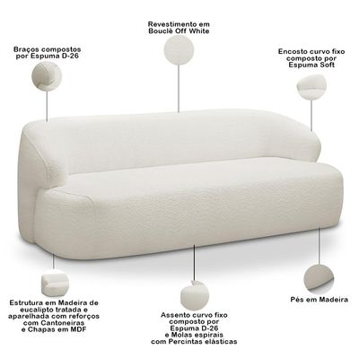 Sofá 3 Lugares Curvo Orgânico Para Sala Living 180cm Barolo L06 Bouclê Off White - Lyam Decor