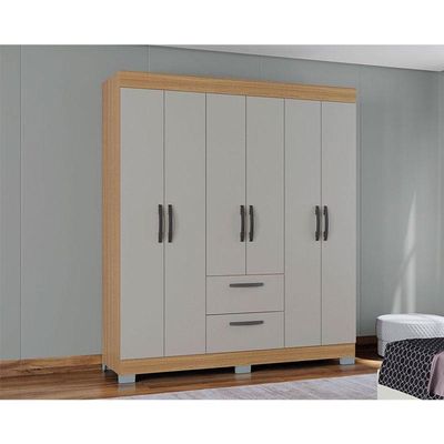 Guarda Roupa Casal Tóquio 6 Portas Com Armário Multiuso 2 Portas Pequeno Damasco Off White - Poquema