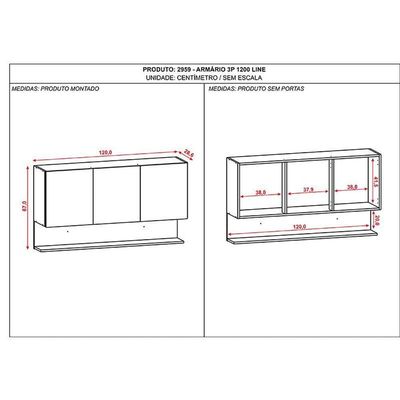 Armário Aéreo Line 3 Portas 120 Cm Gris Freijó - Kits Paraná