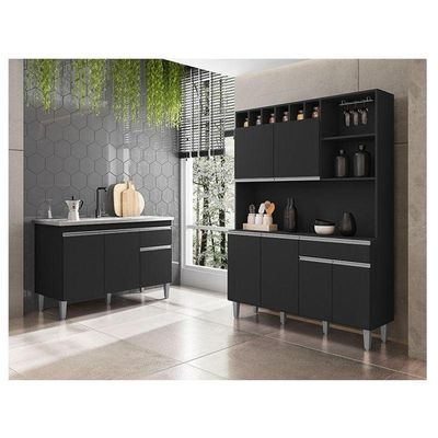 Balcão De Pia Tatiane 120 Cm E Armário Cozinha Kit Alice Preto Fosco - Ajl