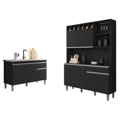 Balcão De Pia Tatiane 120 Cm E Armário Cozinha Kit Alice Ambiente Preto Fosco - Ajl