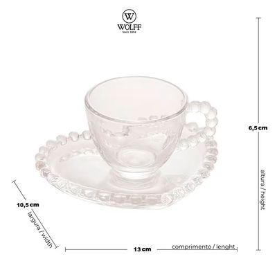 Conjunto com 4 Xícaras e Pires para Café Wolff Pearl Coração em Cristal - 85 ml Cristal