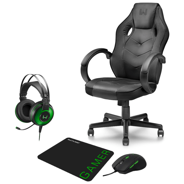 Combo Gamer - Cadeira com Função Basculante 15°, Headset Raiko USB 7.1 3D LED e Mouse 3200DPI 6 Botões Preto/Verde com Mouse Pad - GA182K GA182K