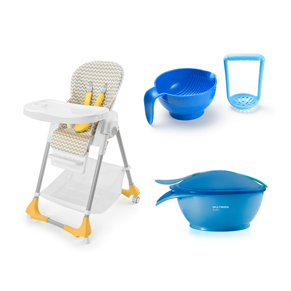 Combo Baby - Cadeira Alta de Alimentação, Prato Fundo com Colher e Amassador de Papinhas Azul Multikids Baby - BB1053K BB1053K