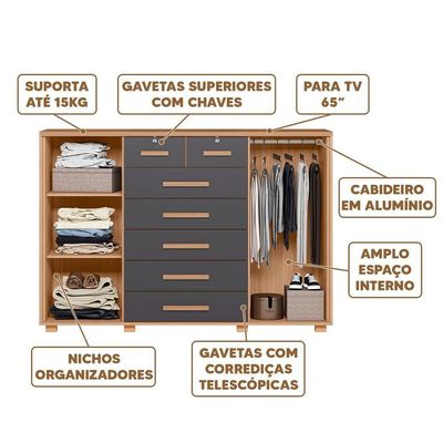 Cômoda 7 Gavetas 2 Portas Nature Titanium Fontez Shop Jm