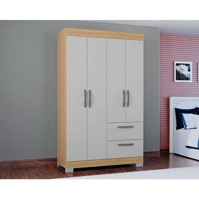 Cômoda 868 4 Gavetas E 1 Porta Com Guarda Roupa Solteiro Tóquio 4 Portas Damasco Off White - Poquema