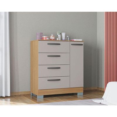 Cômoda 868 4 Gavetas E 1 Porta Com Guarda Roupa Solteiro Tóquio 4 Portas Damasco Off White - Poquema