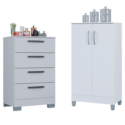 Cômoda 867 4 Gavetas Com Armário Multiuso 2 Portas Pequeno Branco Brilho - Poquema