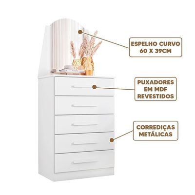 Cômoda Com Espelho 5 Gavetas Retrô Branco Valley Shop Jm