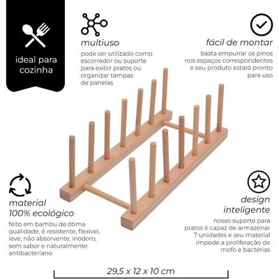 Suporte Escorredor Para 6 Pratos Em Bambu Ecokitchen