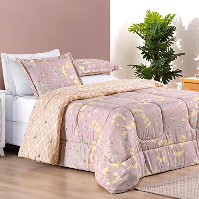 Kit Edredom Dallas King Dupla Face Microfibra 3 Peças - Rosê Lavanda Floral