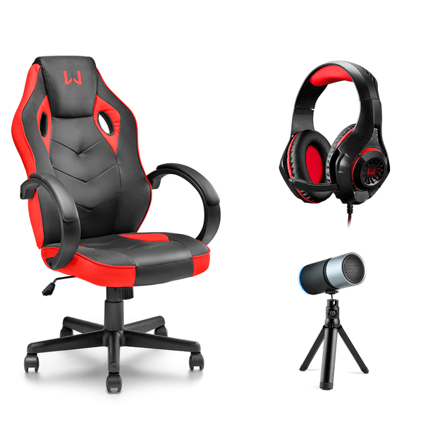 Combo Gamer - Cadeira Tongea, Headset Rama P3+USB Stereo Adaptador P2 LED Vermelho e Microfone Eloy Streaming Noise Cancelling USB - GA162K GA162K