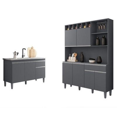 Balcão De Pia Tatiane 120 Cm E Armário Cozinha Kit Alice Cinza Fosco - Ajl
