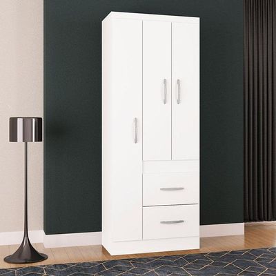 Cômoda 867 4 Gavetas Com Guarda Roupa Solteiro Milão 3 Portas Branco Brilho - Poquema