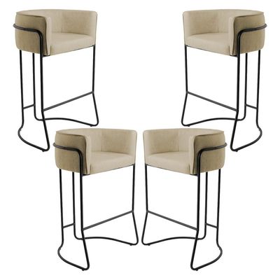 Kit 04 Banquetas Decorativas Fixa Base de Aço Preto Betina D02 Linho Bege C-129 - Lyam Decor