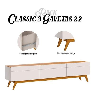 Rack Bancada Classic 3 Gavetas Com Painel Para Tv Suspenso Ripado Loft 2.2 Off White Nature - Imcal