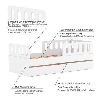 Bicama Solteiro Mdf Branco Com 02 Grades E Cabeceira Anatômica Mobilistore