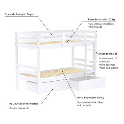 Beliche Solteiro Eco Com 02 Gavetas Madeira Maciça Branco Megamobilia