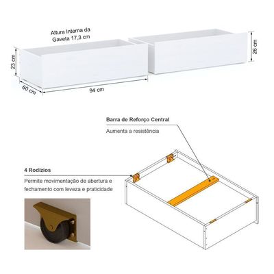 Beliche Solteiro Eco Com 02 Gavetas Madeira Maciça Branco Megamobilia