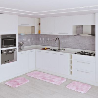 Jogo Kit Tapete Cozinha Anti Derrapante 3 Uni Rosa Bebe