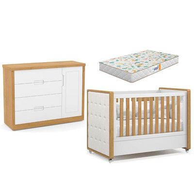 Berço Americano Capitonê New Boucle E Cômoda Infantil Tutto New Freijó Branco Acetinado E Colchão