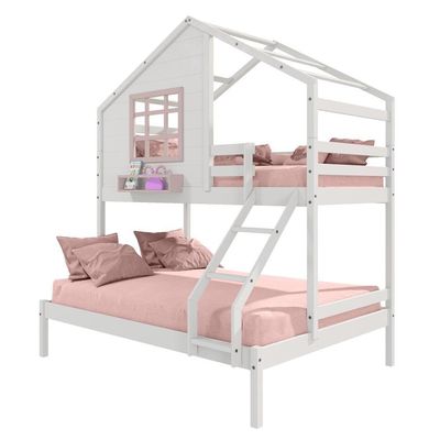 Beliche Casinha Janela Casal/Solteiro Madeira Branco-Rosa