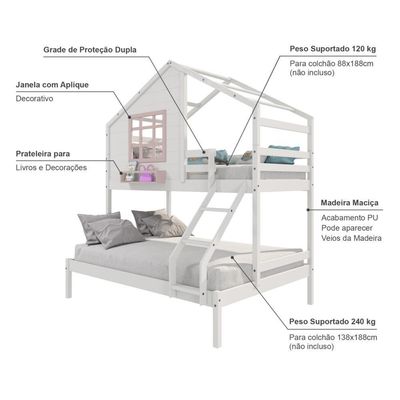 Beliche Casinha Janela Casal/Solteiro Madeira Branco-Rosa