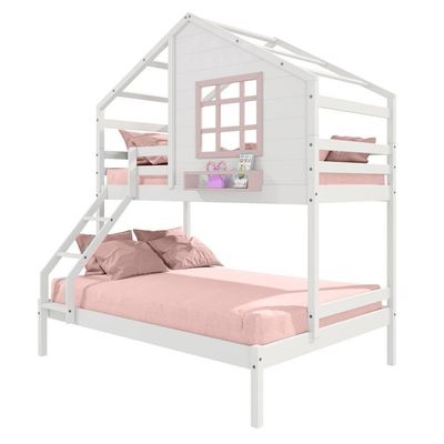 Beliche Casinha Janela Casal/Solteiro Madeira Branco-Rosa