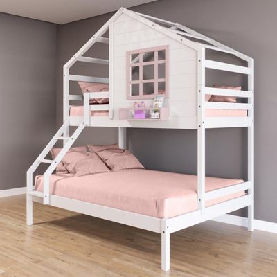 Beliche Casinha Janela Casal/Solteiro Madeira Branco-Rosa